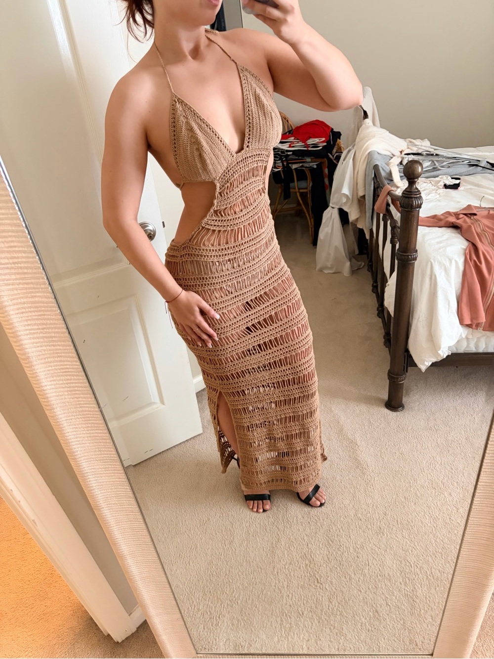 Crochet Maxi Halter Dress in Tan - Picture 1 of 4